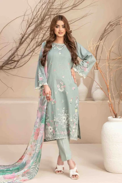 Light Green Color Embroidered Digital Printed Lawn Kameez and Plain Cotton Trouser with Exclusive Digital Printed Slub Organza Dupatta with Beautiful 4 Side Lace