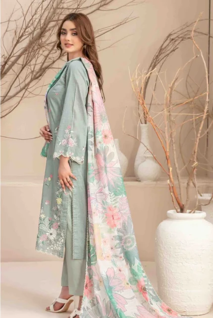 Light Green Color Embroidered Digital Printed Lawn Kameez and Plain Cotton Trouser with Exclusive Digital Printed Slub Organza Dupatta with Beautiful 4 Side Lace