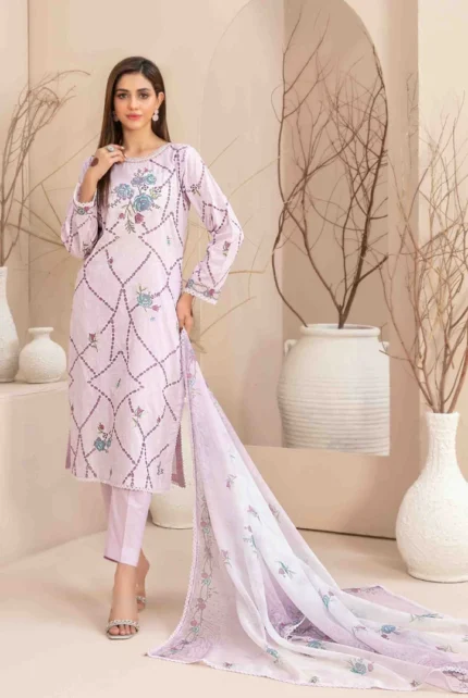 Pink Embroidered Digital Printed Lawn Kameez and Plain Cotton Trouser with Exclusive Digital Printed Slub Organza Dupatta with Beautiful 4 Side Lace