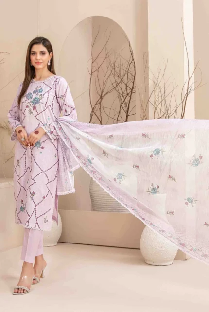 Pink Embroidered Digital Printed Lawn Kameez and Plain Cotton Trouser with Exclusive Digital Printed Slub Organza Dupatta with Beautiful 4 Side Lace