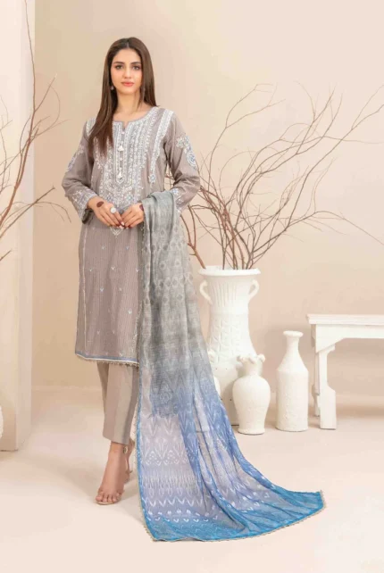 White Embroidered Digital Printed Lawn Kameez and Plain Cotton Trouser with Exclusive Digital Printed Slub Organza Dupatta with Beautiful 4 Side Lace