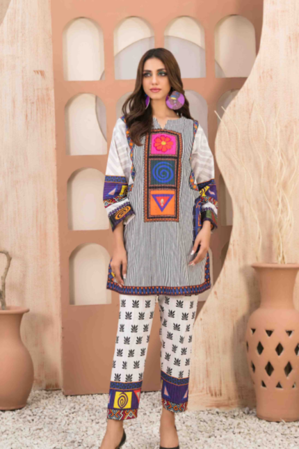 White Lined Design Khaddar 2 Piece Suit