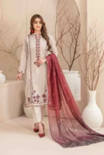 Off White and Red Color Embroidered Digital Printed Lawn Kameez and Plain Cotton Trouser with Exclusive Digital Printed Slub Organza Dupatta with Beautiful 4 Side Lace