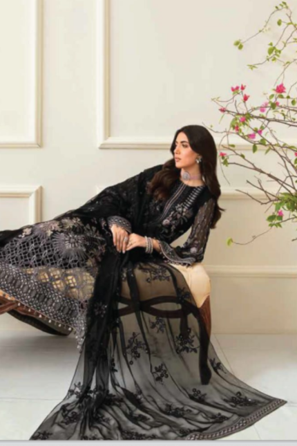 Black Color 3 Piece Embroidered Organza Suit