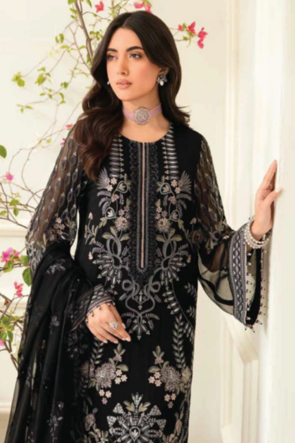 Black Color 3 Piece Embroidered Organza Suit