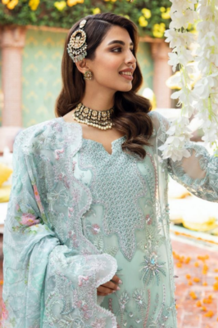 Light Color 3 Piece Embroidered Organza Suit