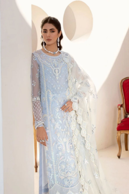 Sky Blue Color 3 Piece Embroidered Organza Suit