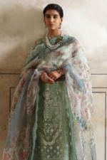 Light Green Color 3 Piece Embroidered Organza Suit