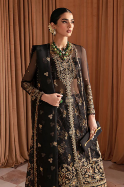 Black Color 3 Piece Embroidered Organza Suit