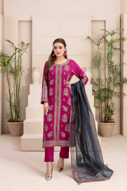 Fancy Embroidered Viscose PlainJacquard Suit Design-4 pic1