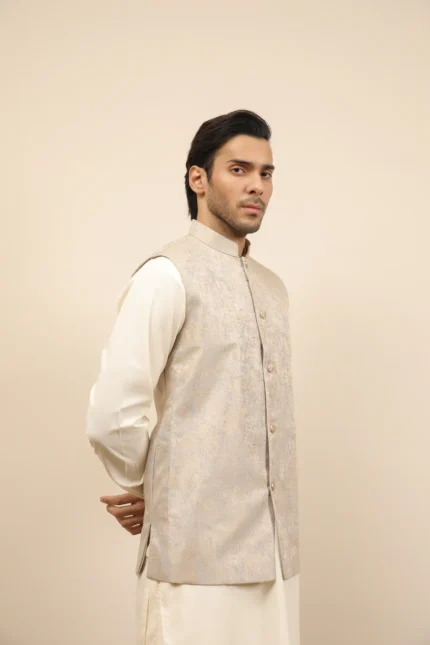 Blue Gold Textured Jamawar Waistcoat - Men