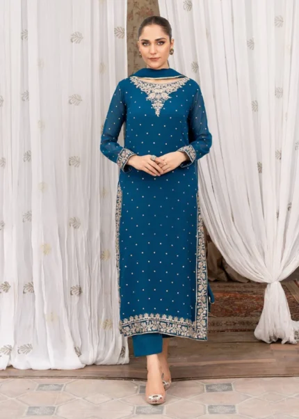 Luxury chiffon zinc color sequence embroidered 3pc suit