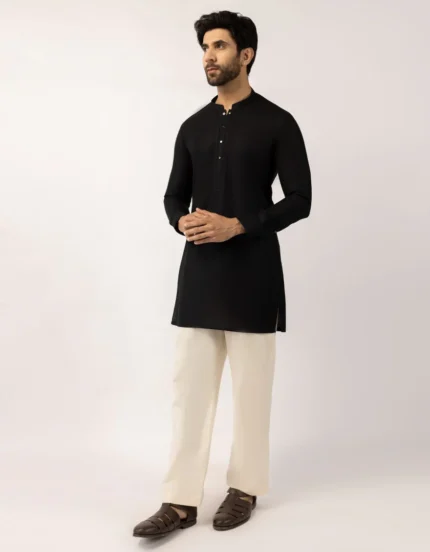 Black cotton semi-formal short kurta