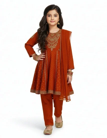 rust raw silk embroidered stitched 3pc